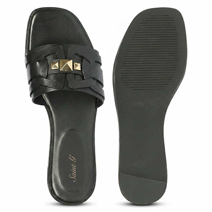 Designer black leather slides