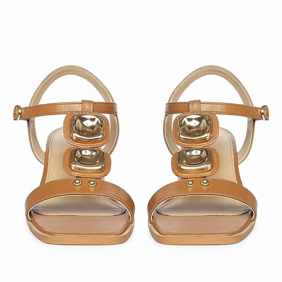 Saint Zoriel Gold Trim Tan Leather Block Heels