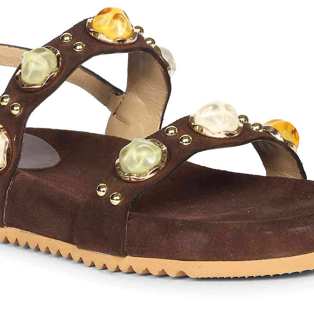 Saint Solira Multi Stone Brown Leather Footbed Sandals