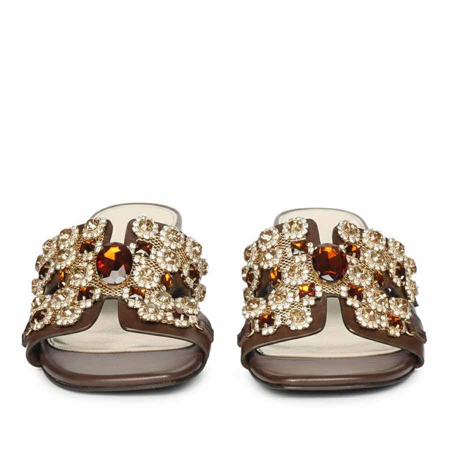 Saint Fiorenza Stone Embroidered Brown Leather Block Heels