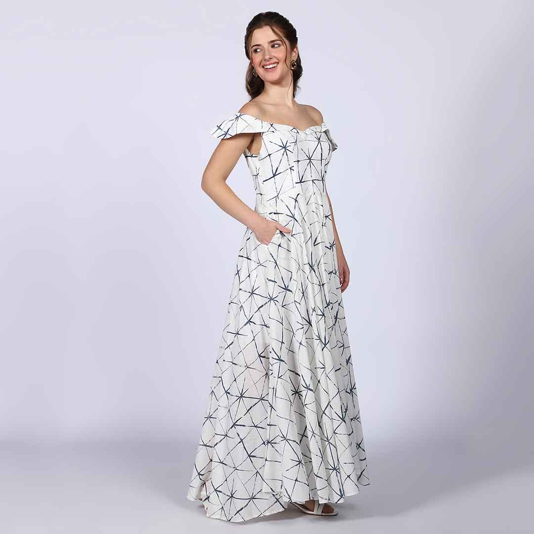 Saint Delfina Womens White Indigo Off Shoulder Cotton Maxi Dress