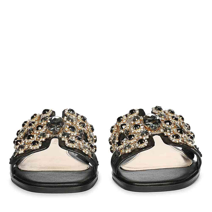 Saint Eileen Embroidered Stone Black Leather Slides