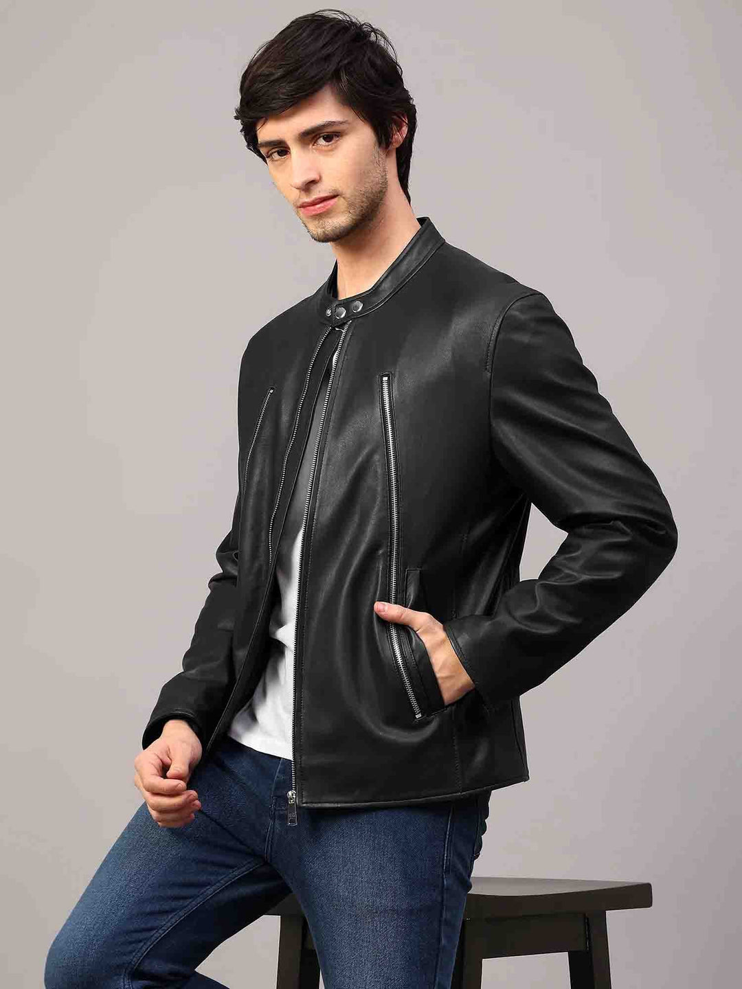 Saint Zachary Black Leather Men's Cafe Racer Jacket