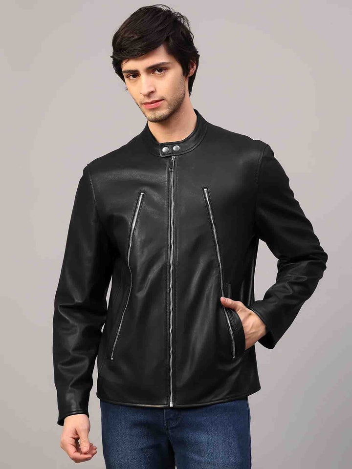 Saint Zachary Black Leather Men's Cafe Racer Jacket