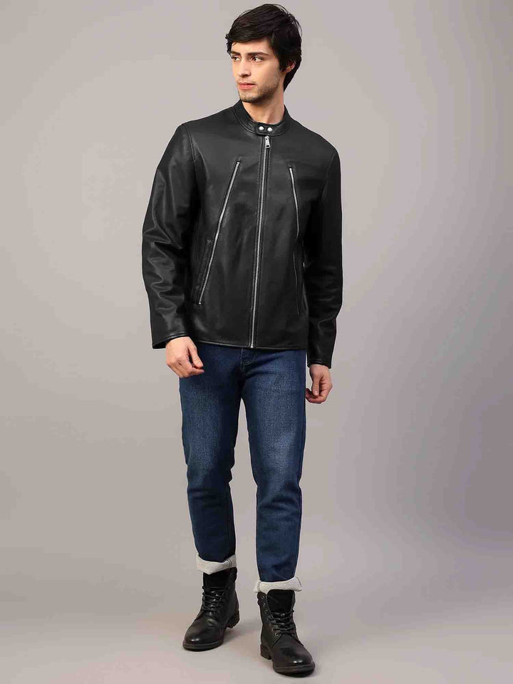 Saint Zachary Black Leather Men's Cafe Racer Jacket