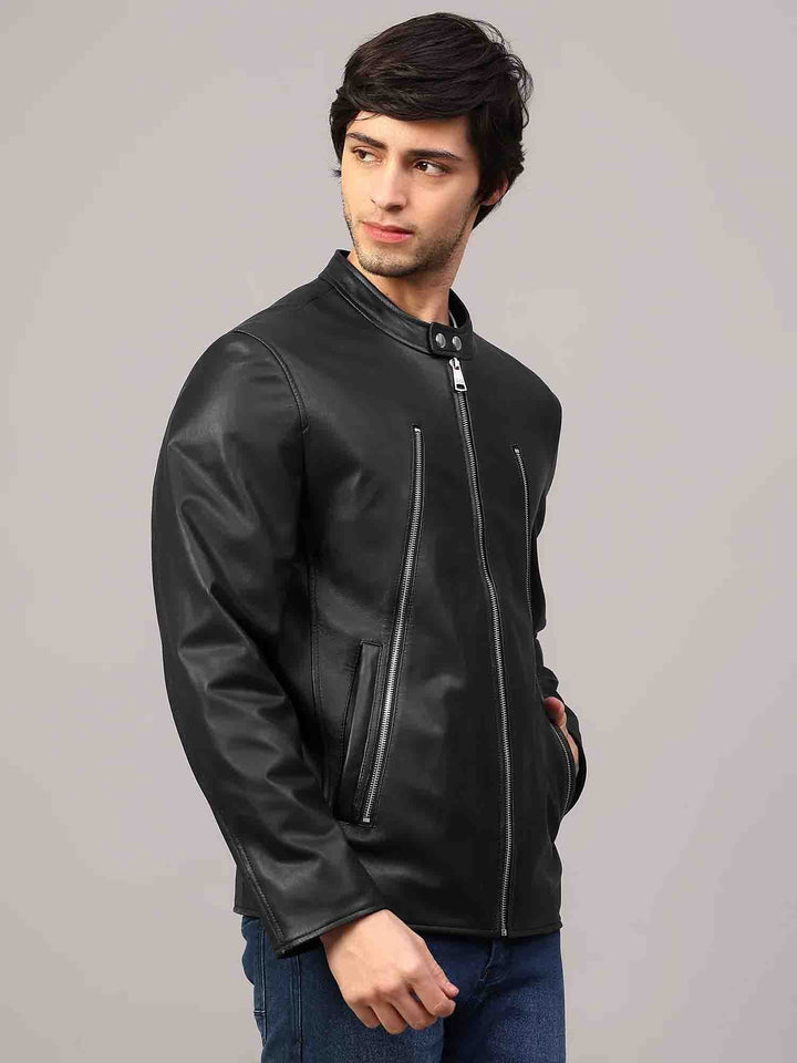 Saint Zachary Black Leather Men's Cafe Racer Jacket