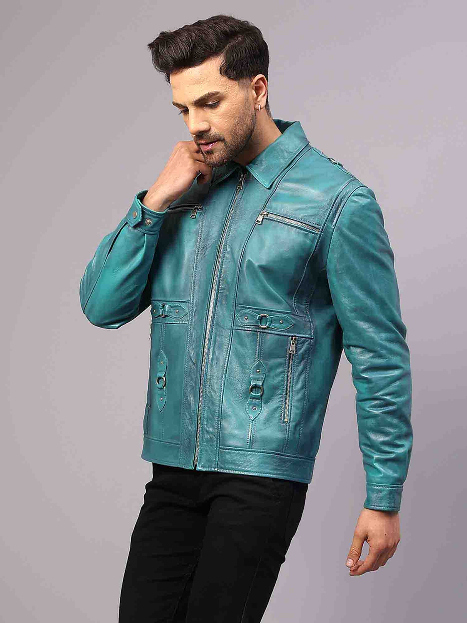 Saint Benjo Turquoise Leather Men's Jacket – SaintG UK