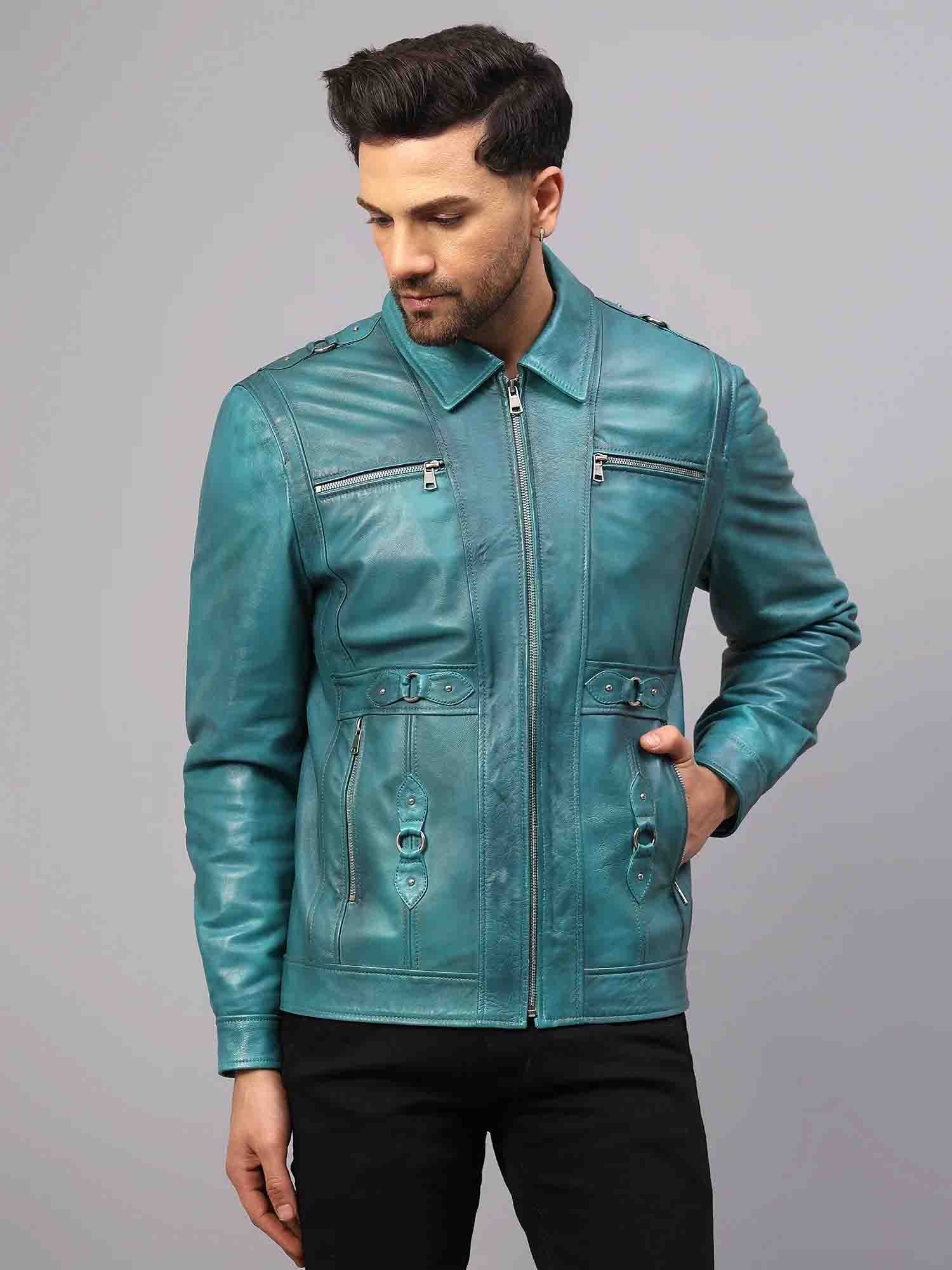 Saint Benjo Turquoise Leather Men's Jacket – SaintG UK