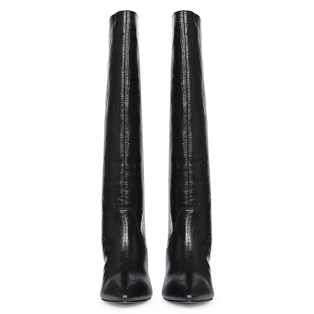 Saint Adella Croc Embossed Black Leather Long Boots