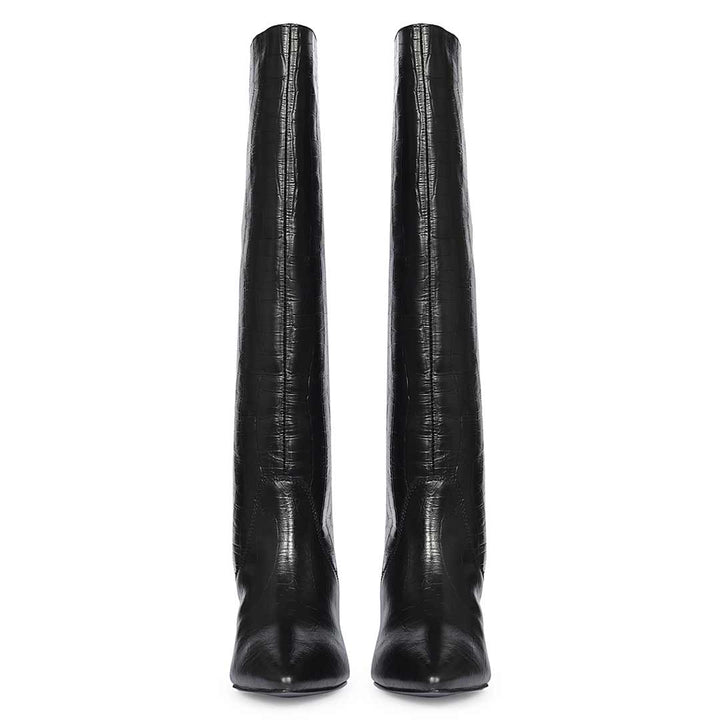 Saint Adella Croc Embossed Black Leather Long Boots