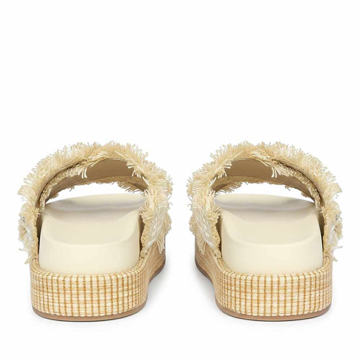 Back view of leather platform sandals with raffia fringe detailing