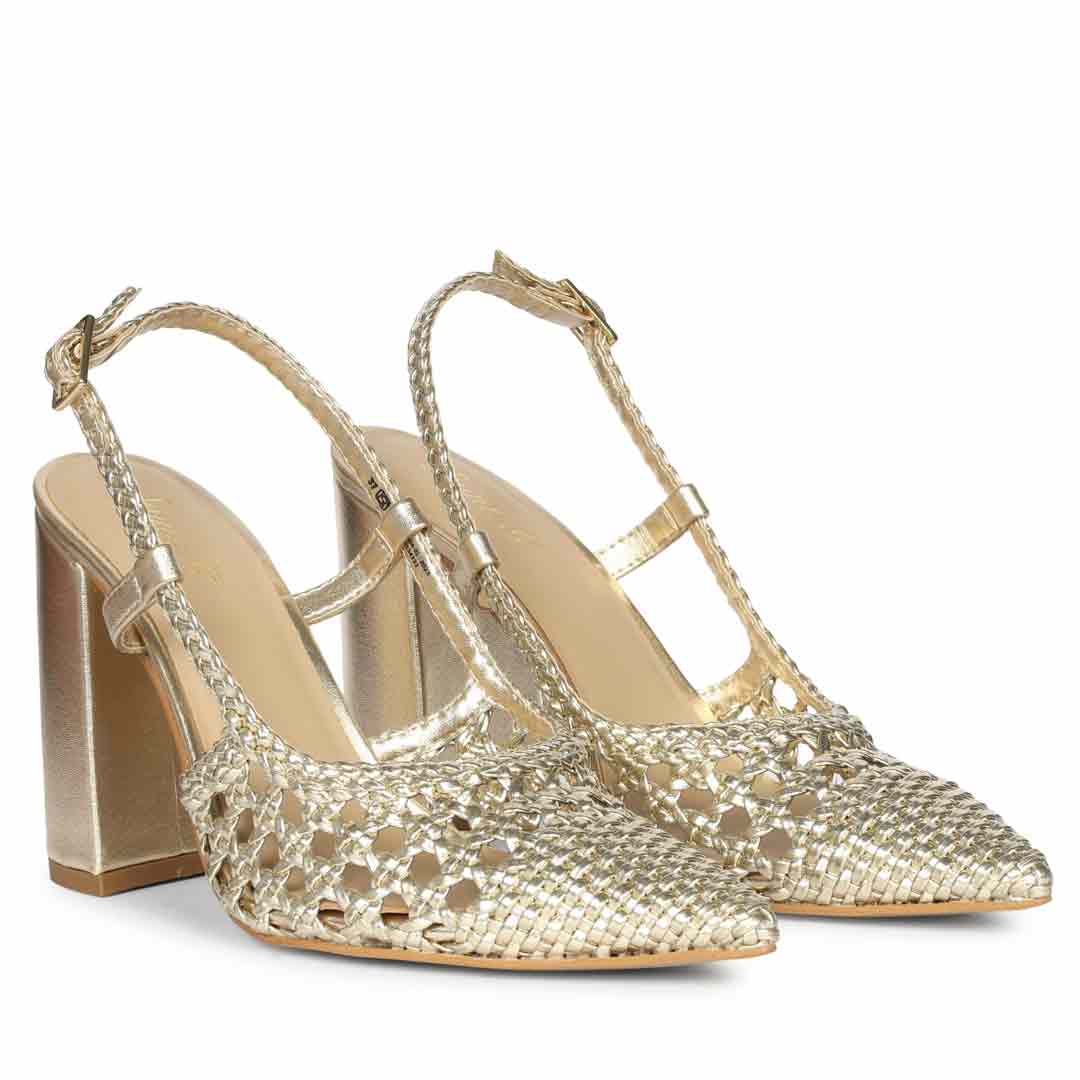 Saint Felicia Gold Woven Leather Block Heels