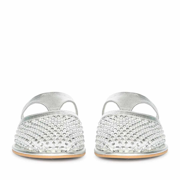 Silver leather mule flats with crystal mesh detailing and cushioned comfort