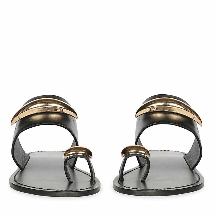 Saint Quinel Gold Metal Accents Black Leather Flats