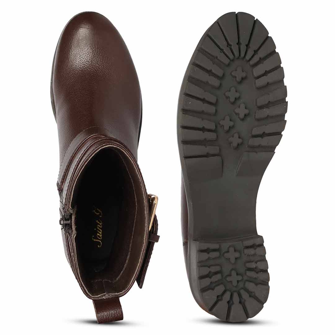 Saint Erika Double Buckle Brown Leather High Ankle Boots