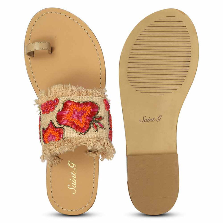 Saint Zuzu Coral Embroidered Leather Flats