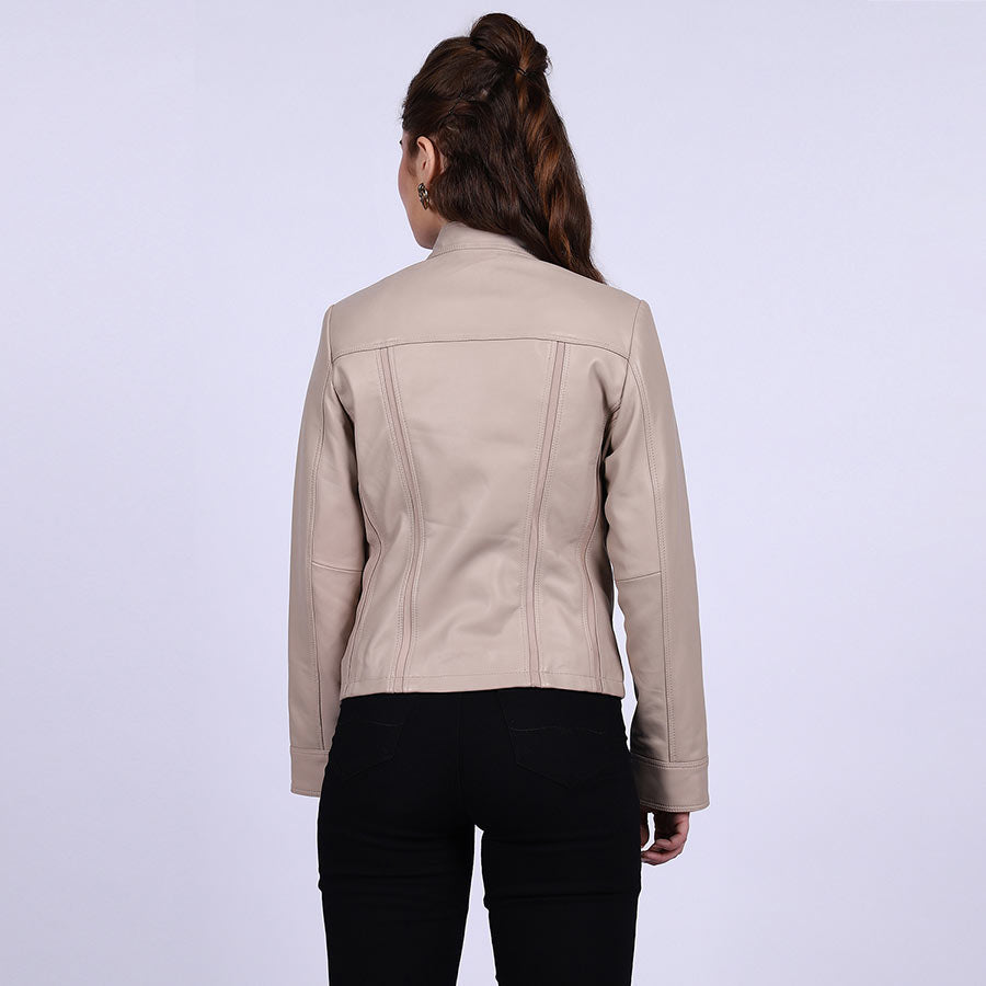 Saint Amaya Beige Leather Women Cafe Racer Jackets