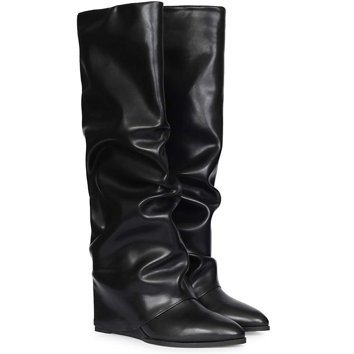 Saint Arlet Slouch Fold-Over Black Wedge Knee-High Boots