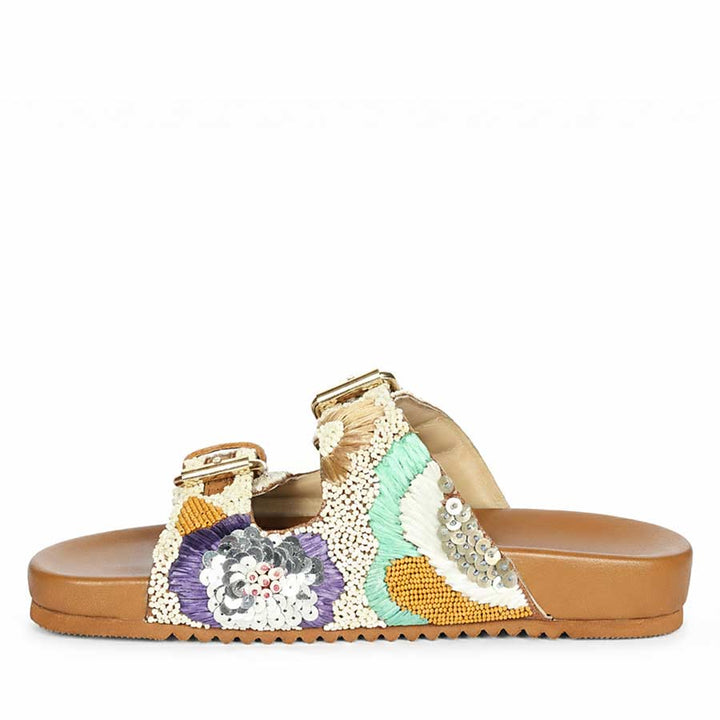 Multicolored tan embellished sandal on a white background