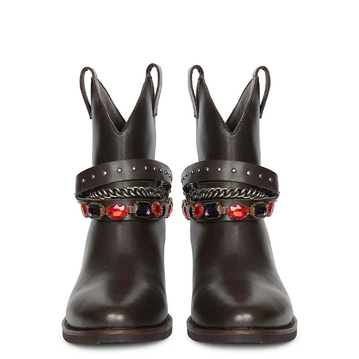 Saint Louanne Brown Leather Rhinestone Studded Décor Boots