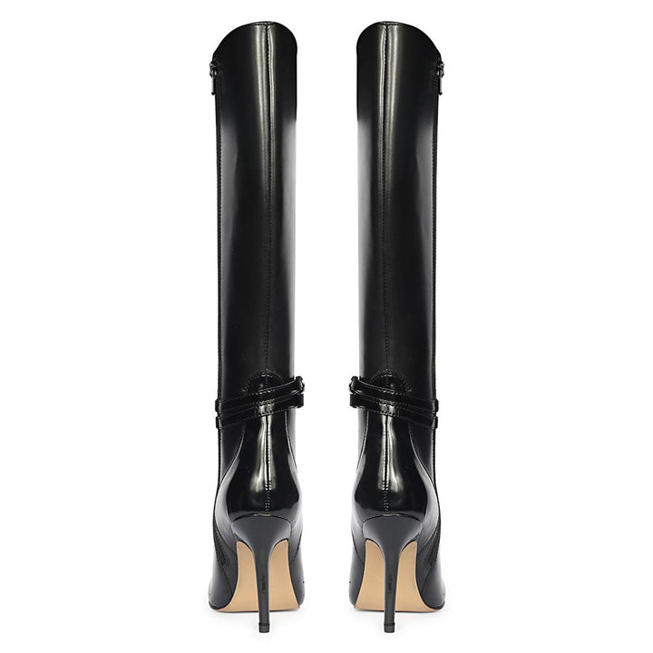 Saint Rey Buckle Decor Black Leather Long Boots