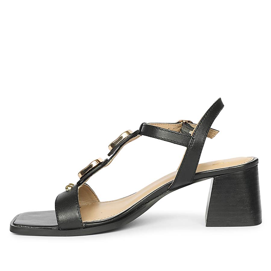 Saint Zoriel Gold Trim Black Leather Block Heels
