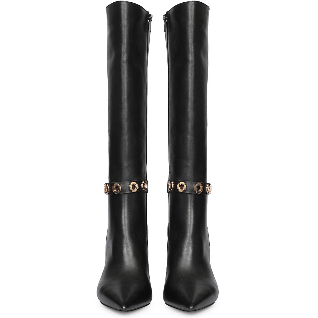 Saint Axelle Flower Eyelet Black Leather Knee-High Boots