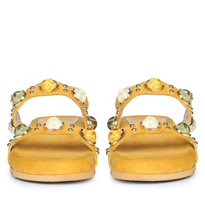 Yellow suede leather platform sandals with multi-trim detailing for women