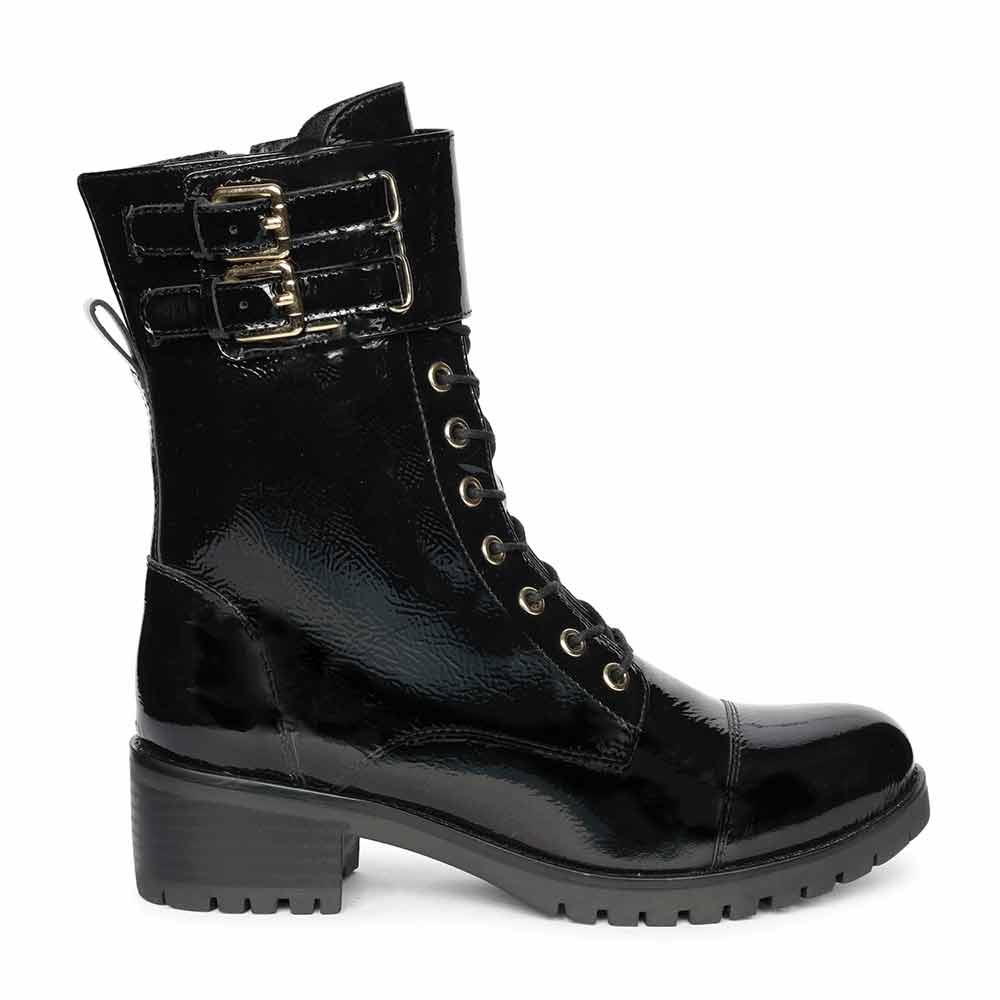 Saint Alba Black Crinkle Patent Leather Lace Up High Ankle Boots