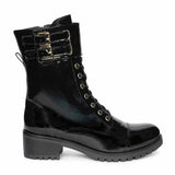 Saint Alba Black Crinkle Patent Leather Lace Up High Ankle Boots