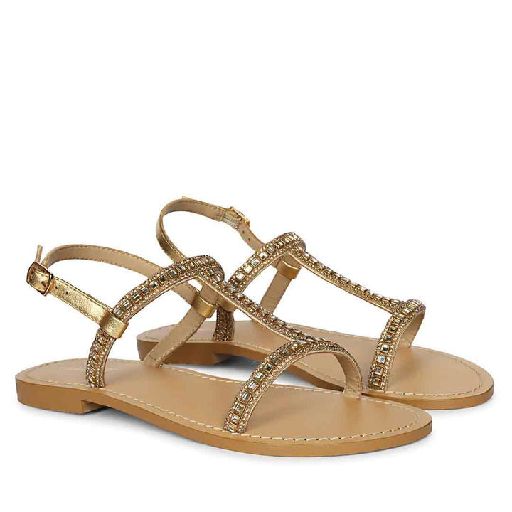 Saint Raelin Metallic Gold Leather Embellished Sandals