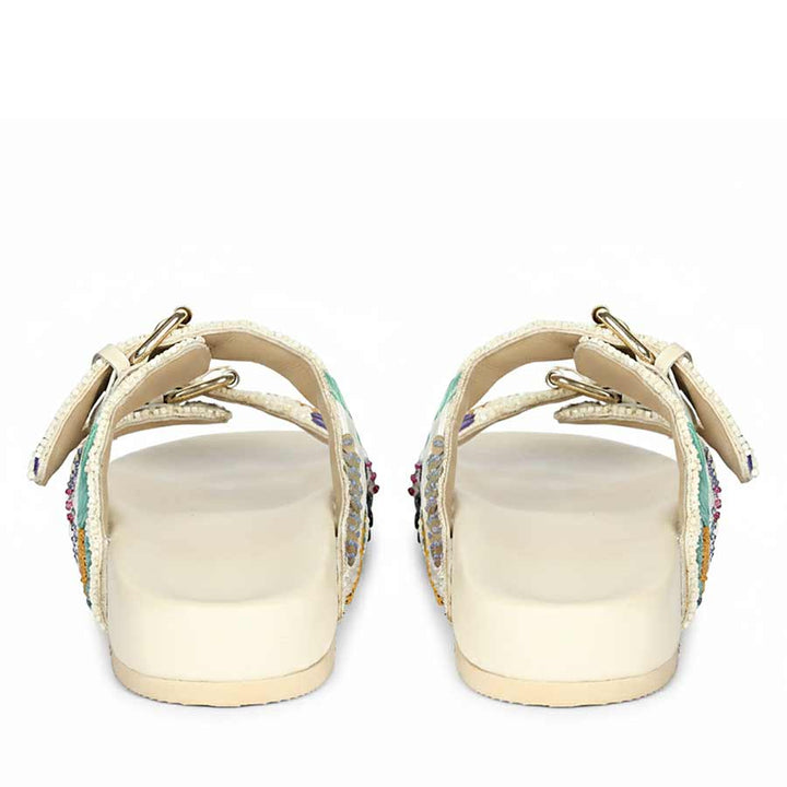 Back view of off-white leather sandals with supportive fit and artisan detailing