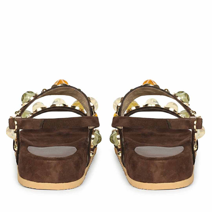 Back view of brown suede leather sandals crafted for comfort and support