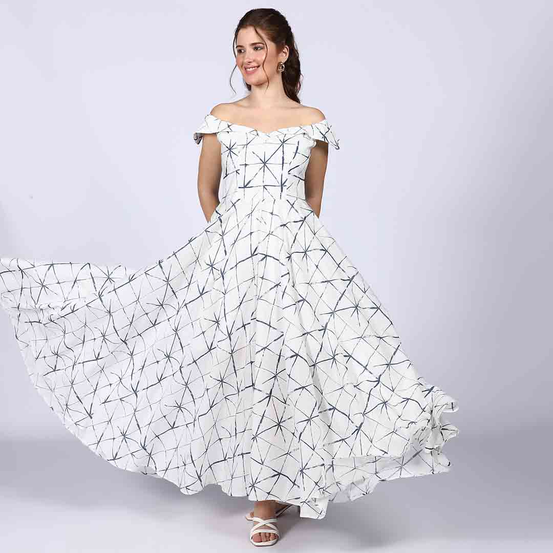 Saint Delfina Womens White Indigo Off Shoulder Cotton Maxi Dress