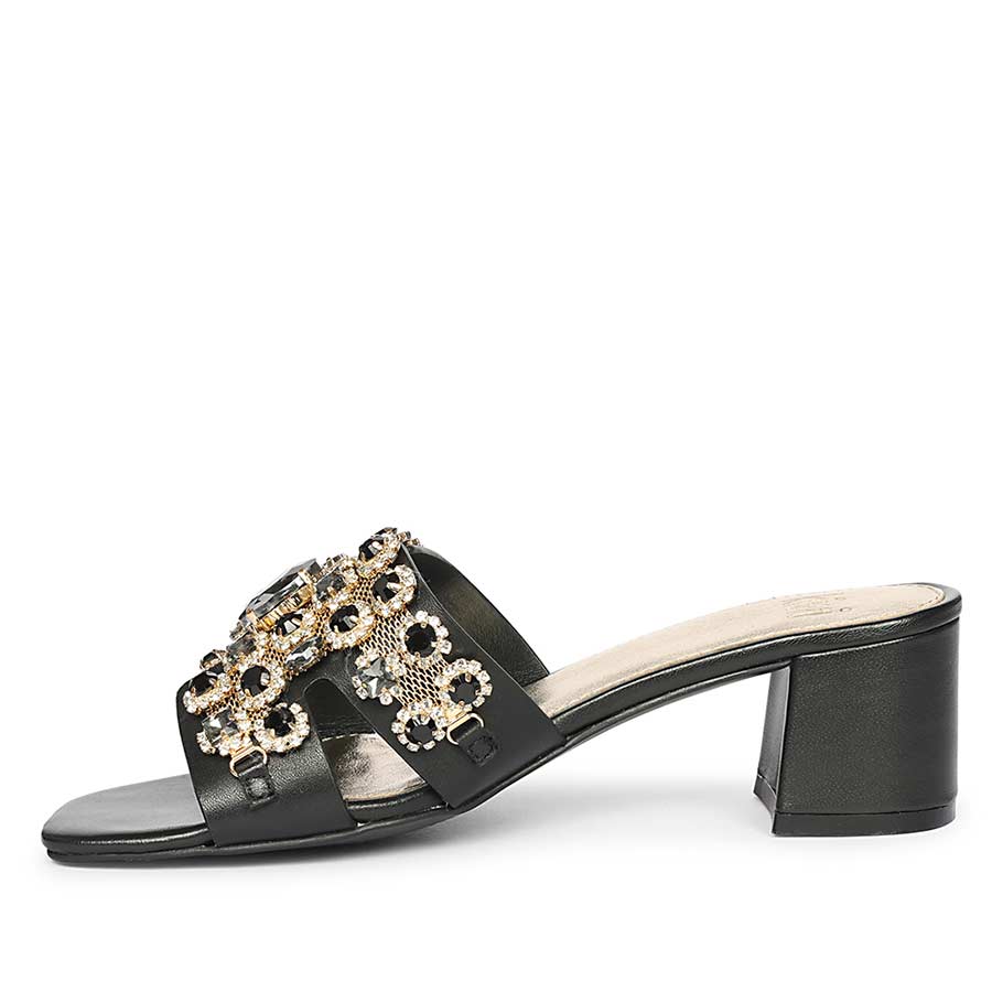 Saint Fiorenza Stone Embroidered Black Leather Block Heels
