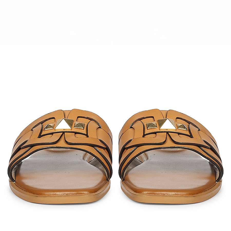 Tan leather slide sandals