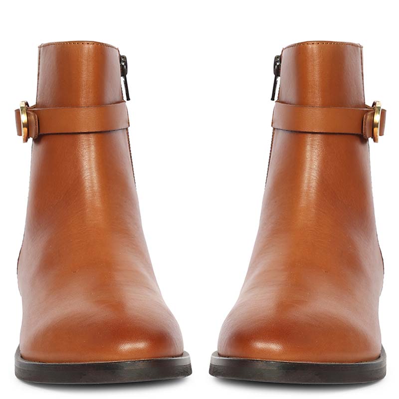 Saint Reese Tan Leather Gold Buckle Decor Ankle Boots
