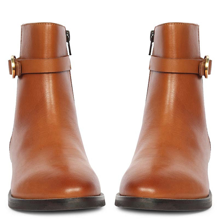 Saint Reese Tan Leather Gold Buckle Decor Ankle Boots
