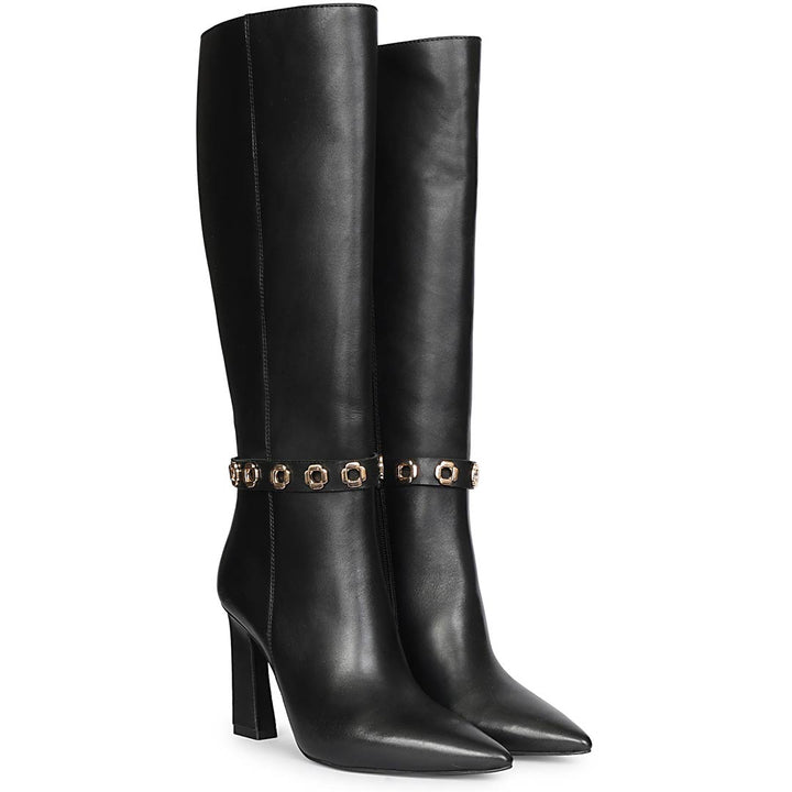 Saint Axelle Flower Eyelet Black Leather Knee-High Boots