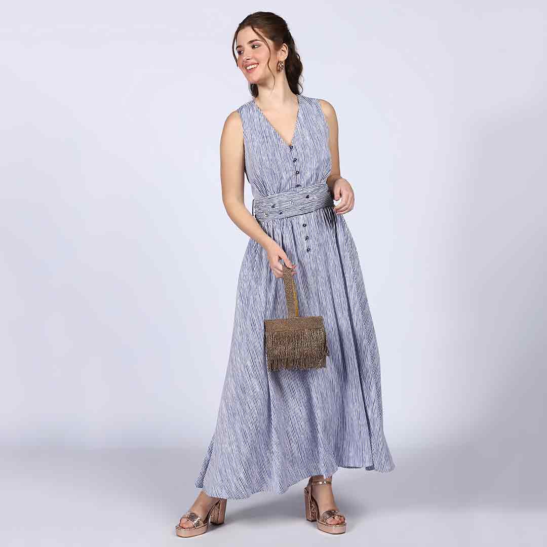 Saint Womens Blue Cotton Striped Maxi Dress