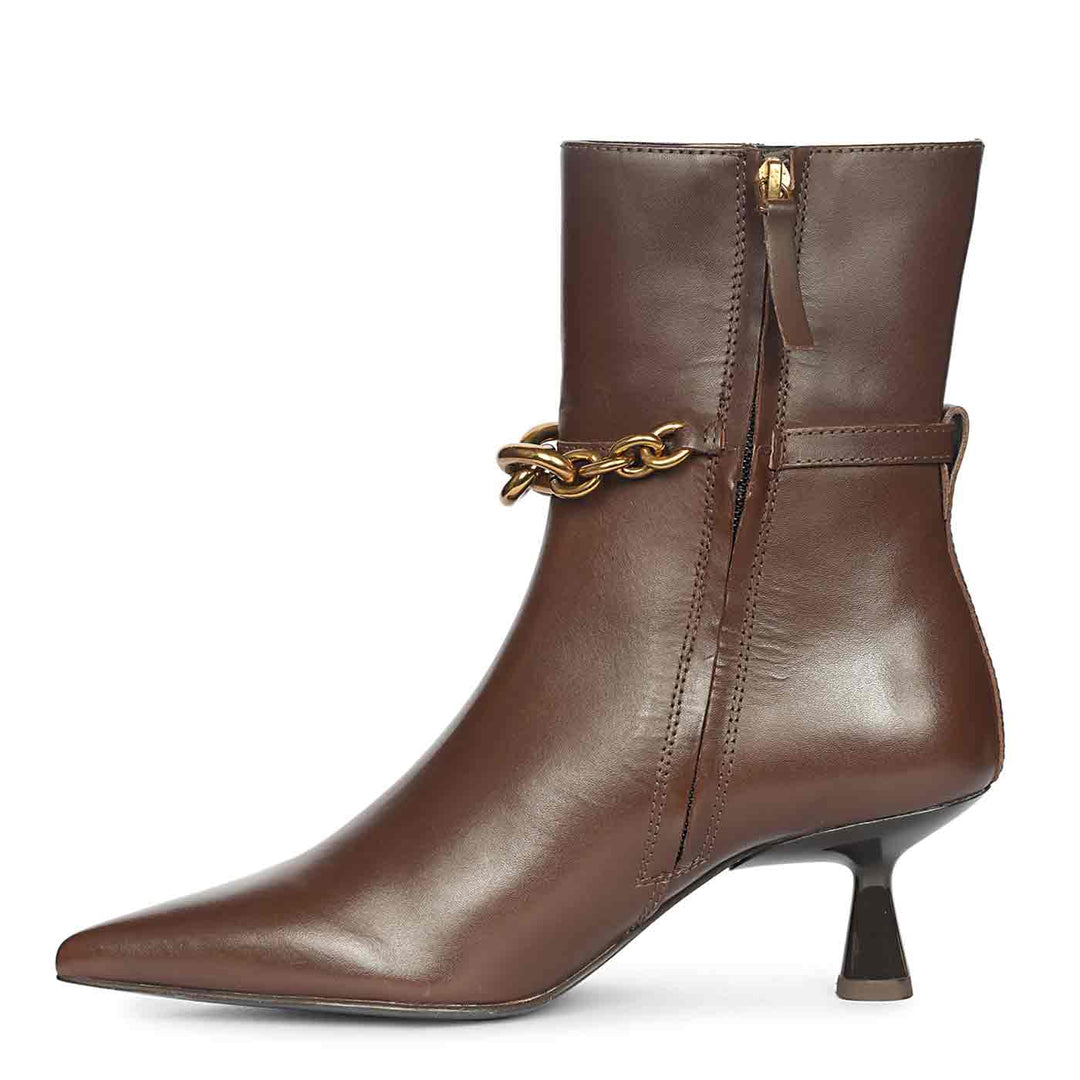 Saint Peony Chain Embellished Brown Leather Ankle boots