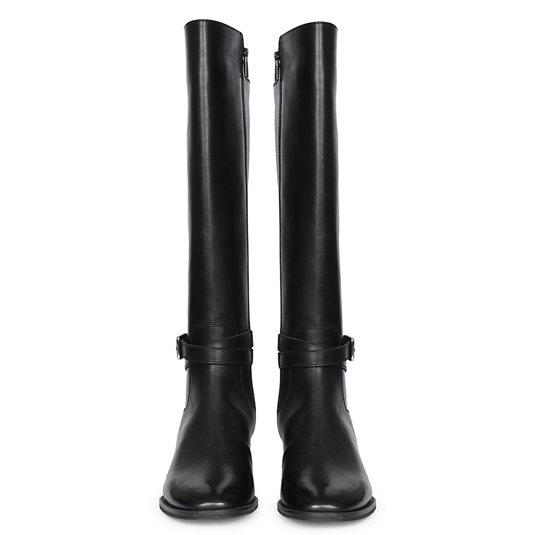 Saint Areti Buckle Black Leather Knee High Boots