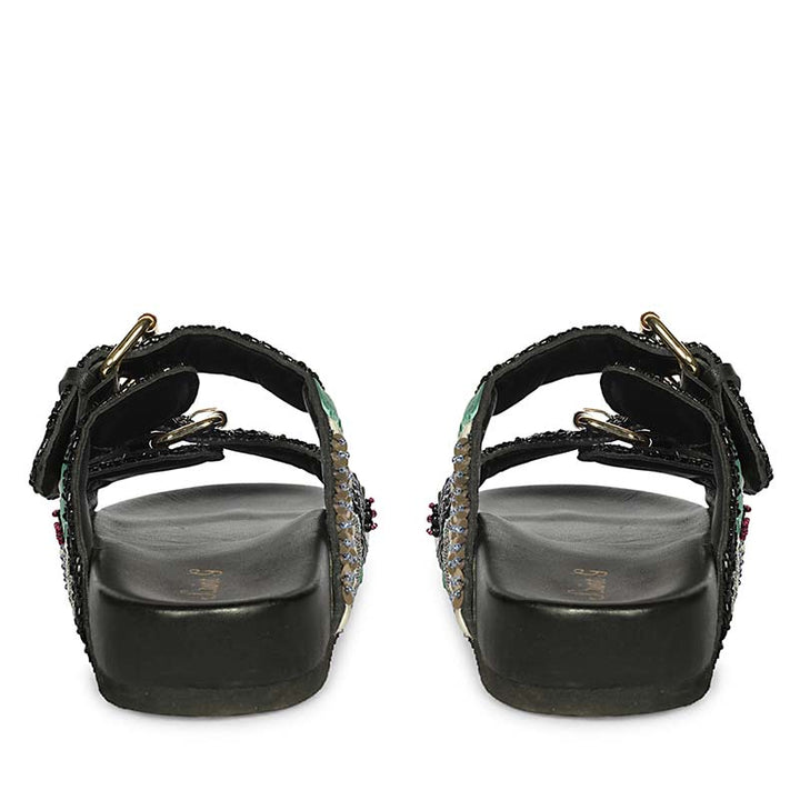 Rear view of black leather footbed sandals crafted for all-day wear