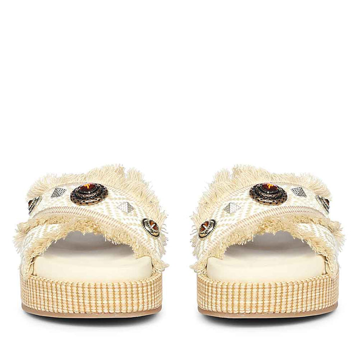 Raffia fringe leather platform sandals with lightweight summer comfort
