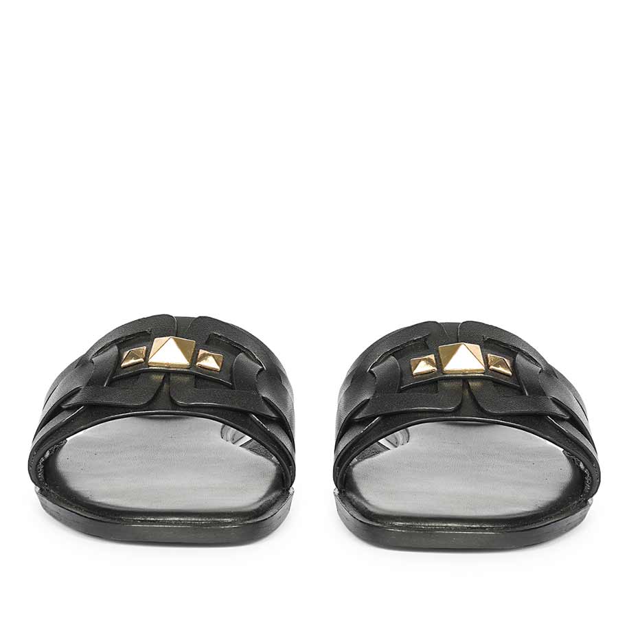 Black leather slide sandals women