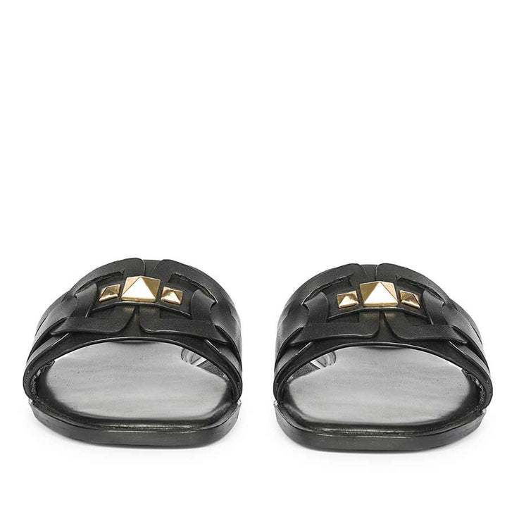 Black leather slide sandals women