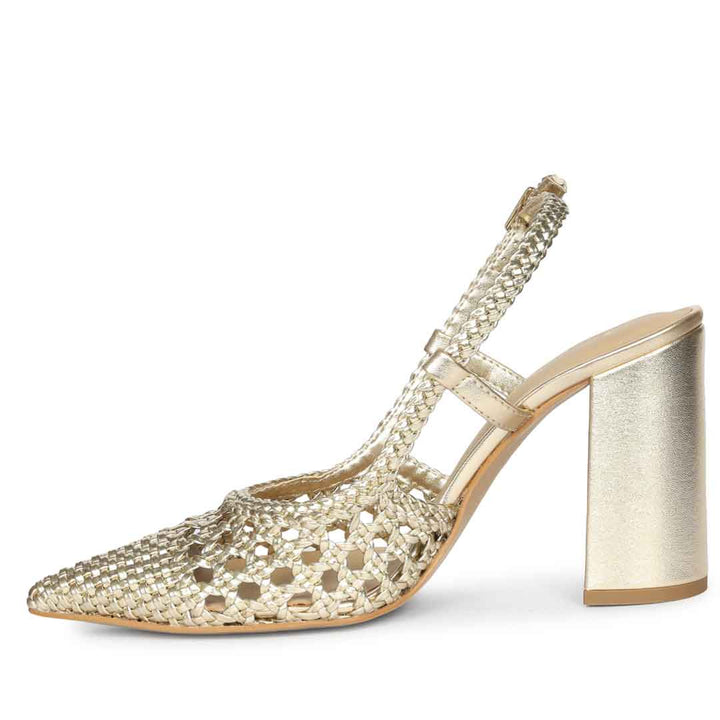Saint Felicia Gold Woven Leather Block Heels