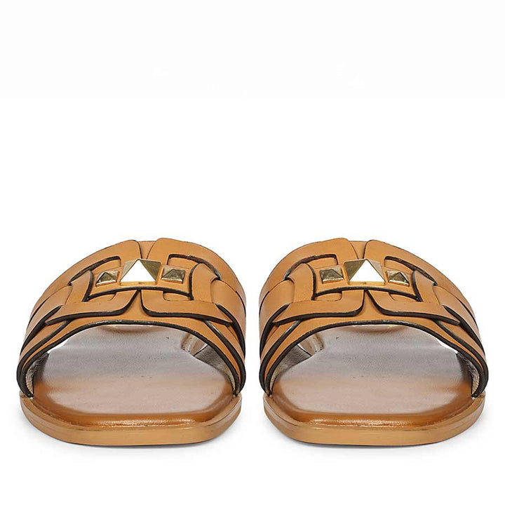 Saint Tyla Tan Leather Pyramid Stud Slides