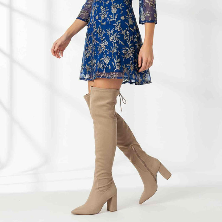 Saint Amara Taupe Stretch Suede Thigh High Boots