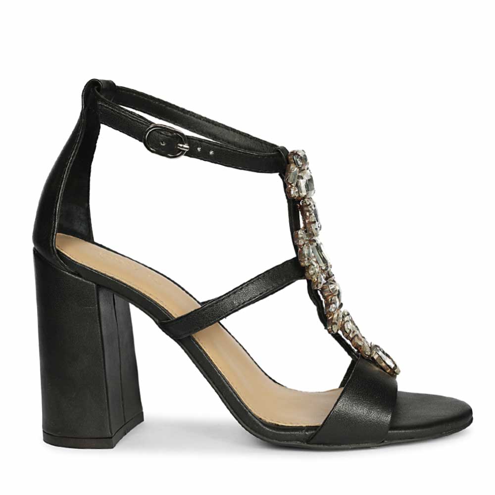 Saint Colleen Silver Stone Metallic Black Leather Block Heels